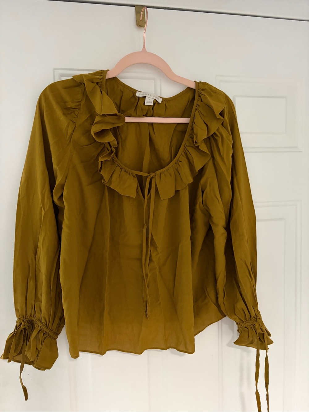 Chelsea & Violet Olive Ruffle Tie-Neck Blouse